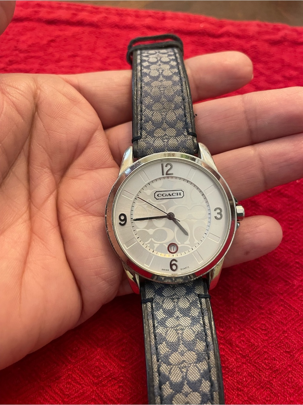 Coach women Silver Case Watch with Navy Signature Canvas Strap